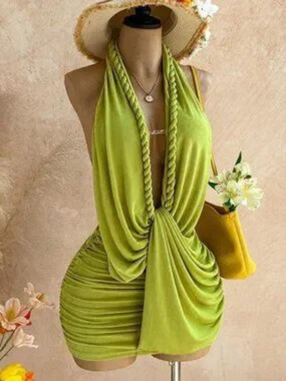 ZARA Green Backless Halter Women's Mini Dress